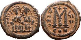 Justin II and Sophia (565-578) Follis Obverse: DN IVSTINVS PP AVG Justin and Sophia on thrones Reverse: Large M between ANNO and regnal year, above cr...