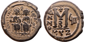 Justin II and Sophia (565-578) Follis Obverse: DN IVSTINVS PP AVG Justin and Sophia on thrones Reverse: Large M between ANNO and regnal year, above cr...
