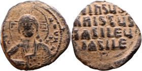 Basil II (976-1025) Anonymous Follis Obverse: +ЄMMA-NOVH / IC-XC Nimbate bust of Christ Pantokrator Reverse: + IhSYS XRISTYS bASILEY bASILE, legend in...