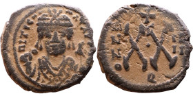 Maurice Tiberius (582-602) Half Follis Obverse: Crowned bust facing, wearing consular robes, holding mappa and eagle-tipped scepter , Reverse: Large X...