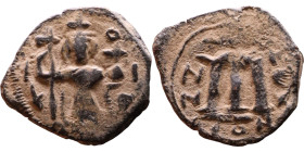 Constans II (641-668) Follis. Obverse: Imperial figure holding cross and globus Reverse: m and inscription

21mm 2,69g

Artificial sand patina
