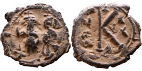 Heraclius and Hercalius Constantine (610-641) Half Follis. Obverse: Heraclius on left, Heraclius Constaninte on right, . Reverse: Large K, cross above...