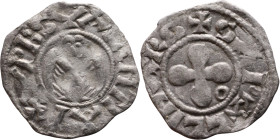 Italy: Valence, Late XIII century. Denari. Obverse: Anthropomorphic bird and inscription in rim: VRBS VALENTIAI Reverse: Cross with rounded arms and i...