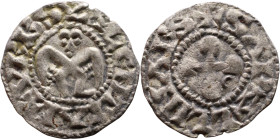Italy: Valence, Late XIII century. Denari. Obverse: Anthropomorphic bird and inscription in rim: VRBS VALENTIAI Reverse: Cross with rounded arms and i...
