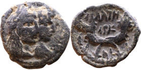 Aretas IV Philopatris (King of the Nabataeans: 9 BC – 40 AD) Bronze coin. Obverse: Jugate busts of Aretas IV and Shugailat Reverse: Crossed cornucopia...