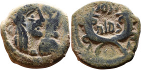 Aretas IV Philopatris (King of the Nabataeans: 9 BC – 40 AD) Bronze coin. Obverse: Jugate busts of Aretas IV and Shugailat Reverse: Crossed cornucopia...