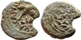 JUDAEA. Jerusalem mint. First Jewish Revolt (66-70 AD). AE prutah. Obv.: Two handled amphora. Rev.: vine leaf on small branch, bears the legend "for t...