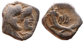 Aretas IV Philopatris (King of the Nabataeans: 9 BC – 40 AD) Bronze coin. Obverse: Jugate busts of Aretas IV and Shugailat Reverse: Crossed cornucopia...