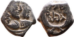 Aretas IV Philopatris (King of the Nabataeans: 9 BC – 40 AD) Bronze coin. Obverse: Jugate busts of Aretas IV and Shugailat Reverse: Crossed cornucopia...