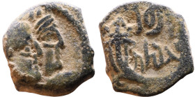 Aretas IV Philopatris (King of the Nabataeans: 9 BC – 40 AD) Bronze coin. Obverse: Jugate busts of Aretas IV and Shugailat Reverse: Crossed cornucopia...