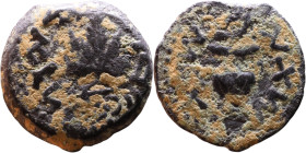 JUDAEA. Jerusalem mint. First Jewish Revolt (66-70 AD). AE prutah. Obv.: Two handled amphora. Rev.: vine leaf on small branch, bears the legend "for t...