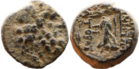 Syria: Apameia ad Orontem Semi-autonomous issue. (I Century BC) Bronze coin. Obv: Head of Zeus Reverse: Nike standing left, holding wreath and palm br...