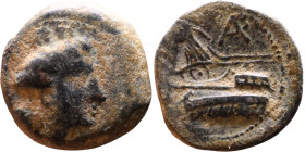 Phoenicia Arados (II Century BC) Bronze coin. Obverse: Turreted head of Tyche right Reverse: Poseidon on prow of galley left.

16mm 2,75g