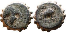 Demetrios I Soter (Seleukid King: 162-150 BC). AE bronze. Obv.: head of horse left. Rev.: head of elephant right.

16mm 4,67g