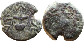 JUDAEA. Jerusalem mint. First Jewish Revolt (66-70 AD). AE prutah. Obv.: Two handled amphora. Rev.: vine leaf on small branch, bears the legend "for t...