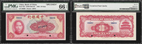 CHINA--REPUBLIC. Bank of China. 10 Yuan, 1940. P-85s. S/M#C294-241. Specimen. PMG Gem Uncirculated 66 EPQ.