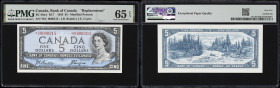 CANADA--FANCY SERIAL NUMBERS. Bank of Canada. 5 Dollars, 1954. BC-39aA. Replacement. Low Serial Number. PMG Gem Uncirculated 65 EPQ.