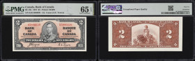 CANADA--BANK OF CANADA. Bank of Canada. 2 Dollars, 2.1.1937. BC-22c. PMG Gem Uncirculated 65 EPQ.