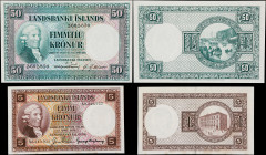 ICELAND. Lot of (2). Landsbanki Islands. 5 & 50 Kronur, 15.4.1928. P-27b & 34a. Extremely Fine to About Uncirculated.