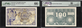 INDONESIA. Republik Indonesia. 100 New Rupiah, 17.8.1949. P-35Gr. Remainder. PMG Gem Uncirculated 66 EPQ.