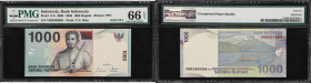 INDONESIA. Lot of (3). Bank Indonesia. 1000 & 2000 Rupiah, 2000-19. P-141i, 155c & 155d. Solid Serial Numbers. PMG Gem Uncirculated 65 to Superb Gem U...