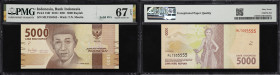 INDONESIA. Lot of (3). Bank Indonesia. 2000, 5000, & 20,000 Rupiah, 2016-22. P-156f, 158e & 163a. Solid #5's. PMG Gem Uncirculated 66 EPQ to Superb Ge...