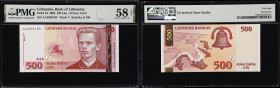 LITHUANIA. Bank of Lithuania. 500 Litu, 2000. P-64. PMG Choice About Uncirculated 58 EPQ.