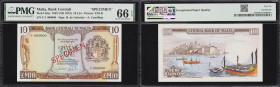 MALTA. Bank Centrali ta'Malta. 10 Liri, 1967 (ND 1973). P-33as. Specimen. PMG Gem Uncirculated 66 EPQ.
