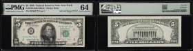 UNITED STATES. Fr. 1979-B. 1988 5 Dollar Federal Reserve Note. New York. Solvent Smear Error. PMG Choice Uncirculated 64.