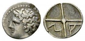Massalia AR Obol, c. 220-121 BC 

Massalia, Gaul. AR Obol (9-10 mm, 0.65 g), c. 220-121 BC.
Obv. Bare head of Apollo to left.
Rev. Wheel with four...