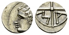 Massalia AR Obol, c. 220-121 BC 

Massalia, Gaul. AR Obol (9 mm, 0.56 g), c. 220-121 BC.
Obv. Bare head of Apollo left.
Rev. Wheel with four spoke...