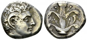 Cyrene AR Didrachm, c. 308-277 BC 

Cyrenaica, Cyrene. AR Didrachm (18-20 mm, 7.73 g), c. 308-277 BC.
Obv. Head of Carneios to right.
Rev. K - Y /...