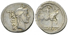 L. Valerius Acisculus AR Denarius, 45 BC 

L. Valerius Acisculus. AR Denarius (17-18 mm, 3.21 g), Rome, 45 BC.
Obv. ACISCVLVS, Diademed head of Apo...