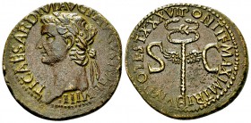 Tiberius AE As, winged caduceus reverse 

Tiberius (14-37 AD). AE As (27-28 mm, 11.26 g). Rome, 35/36 AD.
Obv. TI CAESAR DIVI AVG F AVGVST IMP VIII...