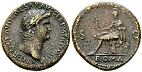Nero AE Sestertius, Roma reverse 

Nero (54-68 AD). AE Sestertius (34-35 mm, 26.98 g), Rome, c. 65 AD.
Obv. NERO CLAVD CAESAR AVG GER P M TR P IMP ...