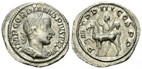 Gordianus III AR Denarius, Emperor on horseback reverse 

Gordianus III Pius (238-244 AD). AR Denarius (20-21 mm, 4.01 g), Rome, 240.
Obv. IMP GORD...
