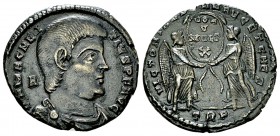 Magnentius AE22 

Magnentius (350-353 AD). AE22 (21-22 mm, 4.58 g), Treveri, 352 AD.
 Obv. D N MAGNENTIVS P F AVG, A to left, bare-headed and drape...