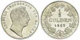Baden, AR 1/2 Gulden 1842 

Deutschland, Baden. Leopold I. (1830-1852). AR 1/2 Gulden 1842 (24-25 mm, 5.29g). 
AKS 97. 

Prachtexemplar. Fast ste...