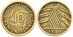Weimarer Republik, 10 Rentenpfennig 1923 F, selten 

Deutschland. Weimarer Republik. 10 Rentenpfennig 1923 F (3.91 g).
AKS 44.

Selten. Sehr schö...