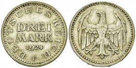 Weimarer Republik, AR 3 Mark 1924 F 

Deutschland. Weimarer Republik. AR 3 Mark 1924 F (14.76 g).
AKS 30.

Sehr schön.
