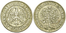 Weimarer Republik, AR 5 Reichsmark 1928 G, Eichbaum 

Deutschland. Weimarer Republik. AR 5 Reichsmark 1928 G (24.94 g), Eichbaum.
AKS 25. 
 Gutes ...