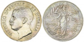 Vittorio Emanuele III, AR 5 Lire 1911 R 

Italia, Regno d'Italia. Vittorio Emanuele III (1900-1946). AR 5 Lire Cinquantenario 1911 (37 mm, 24.98 g),...