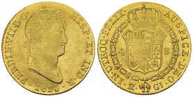 Ferdinando VII AV 4 Escudos 1820 

Spain. Ferdinando VII. AV 4 Escudos 1820 GJ (28 mm, 13.57 g), Madrid.
Cal. 150.

Rare in this condition. Almos...