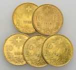 Schweiz, Lot von 5 AV 10 Franken 

Schweiz, Eidgenossenschaft. Lot von 5 (fünf) AV 10 Franken 1913 (2), 1914 und 1922 (2).
KM 36.

Vorzüglich. (5...