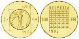 Schweiz, AV 100 Franken 1998, Helvetik 

Schweiz, Eidgenossenschaft. AV 100 Franken 1998 (22.58 g), 200 Jahre Helvetische Republik.
KM 81.

In Ka...