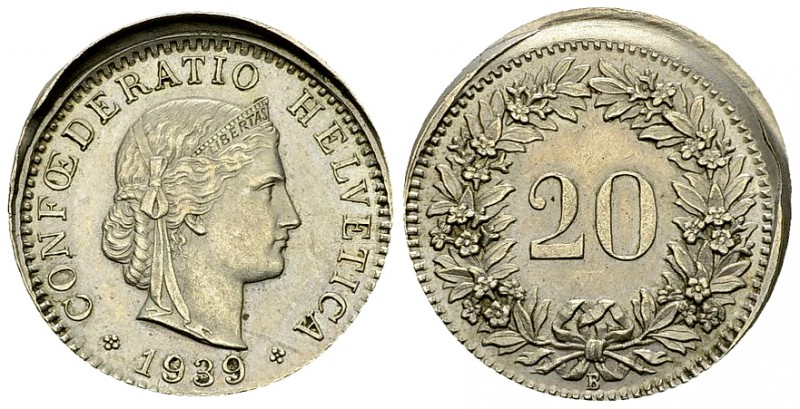 Schweiz, Cu-Ni 20 Rappen 1939, dezentriert 

Schweiz, Eidgenossenschaft. Fehlp...