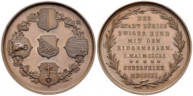 Zürich, AE Medaille 1851, 500-Jahrfeier 

Schweiz. Zürich. AE Medaille 1851 (41 mm, 29.60 g), auf die 500-Jahrfeier zum Beitritt zum Bund.
 SM Leu ...