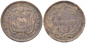 Ecuador CU 2 Centavos 1872 

Ecuador, Republic. CU 2 Centavos 1872 (31 mm, 12.03 g).
KM 46.

Very fine.