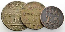 Napoli, Lot of 3 AE coins 

Italy. Napoli. Lot of 3 (three) AE coins:

5 Tornesi 1797 8 Tornesi 1797
10 Tornesi 1798

Fine to very fine. (3)
...