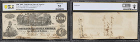 T-39. Confederate Currency. 1862 $100. PCGS Banknote About Uncirculated 55. Trans-Mississippi Issue. Penned Military Endorsement. "Maj. Edward C. Whar...